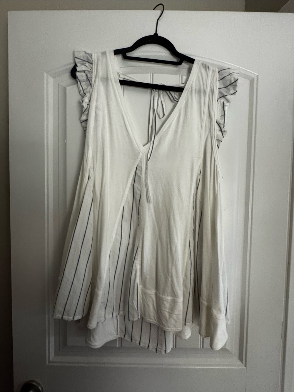 Pilcro White Sleeveless V-Neck Tunic with Pinstripe Ruffle Shoulders